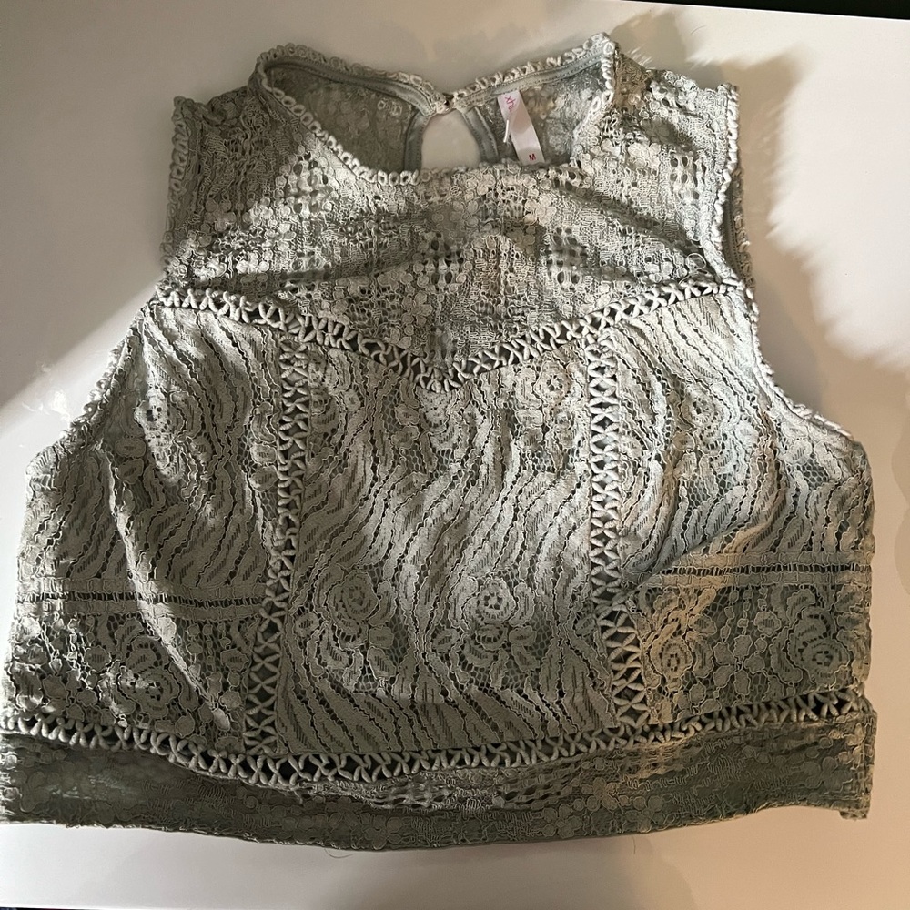 Mint green floral lace crop top side zip